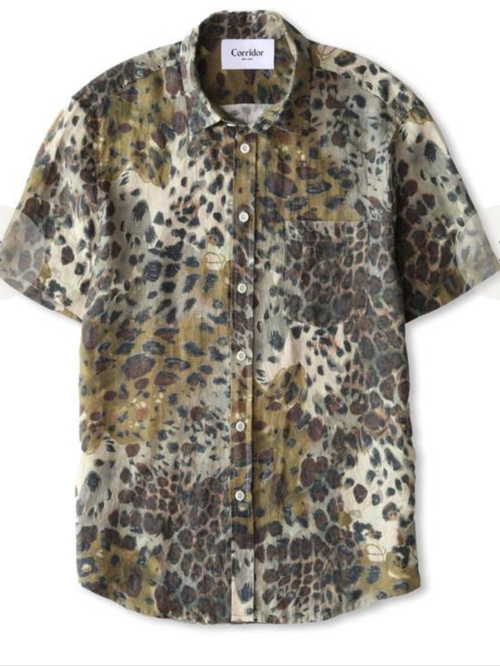 Corridor 100% Linen Short-Sleeve Leopard Print Shirt in Olive/Brown - Large